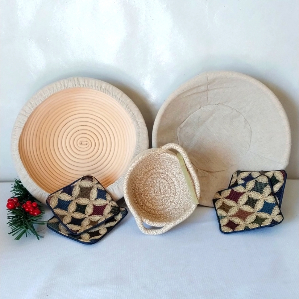 Woven Wood Bowl SET ALL Natural  Wood - Cloth MUSLIN Liners/Lid (3) NEW!